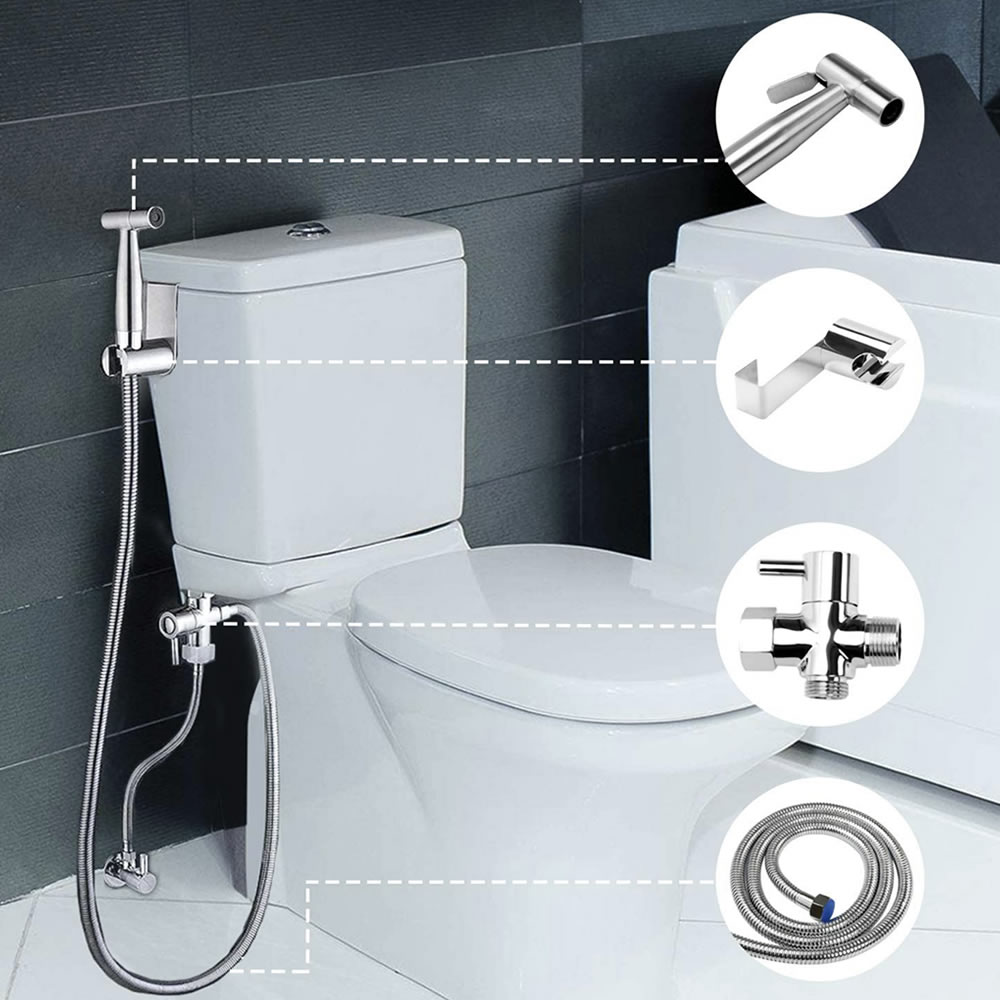 Stainless steel hand held bidet sprayer kit mounted beside a toilet, with the T-valve fitted at the cistern supply